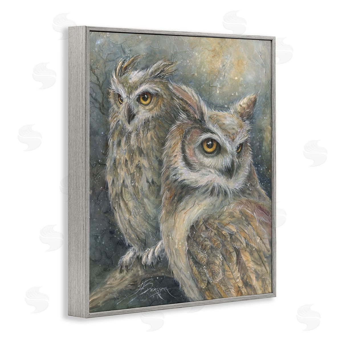 Neutral Feathered Owl Pair Grey Frame Print Wall Art, Home Decor by Jody Bergsma