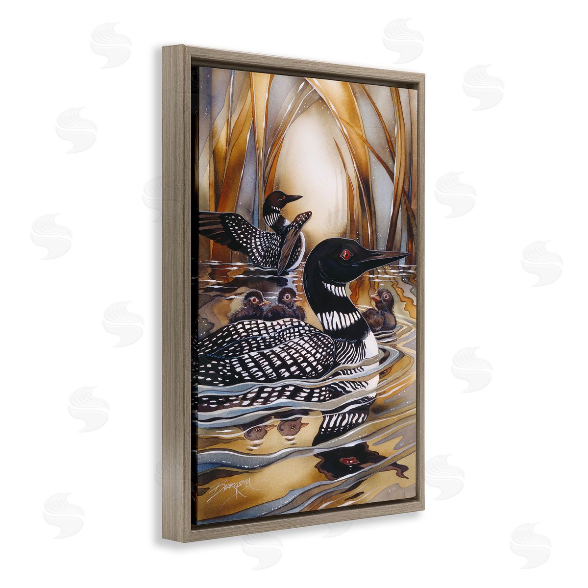 Loon Family Among Pond Ripples Brown Floating Frame Canvas Wall Art, Home Decor by Jody Bergsma
