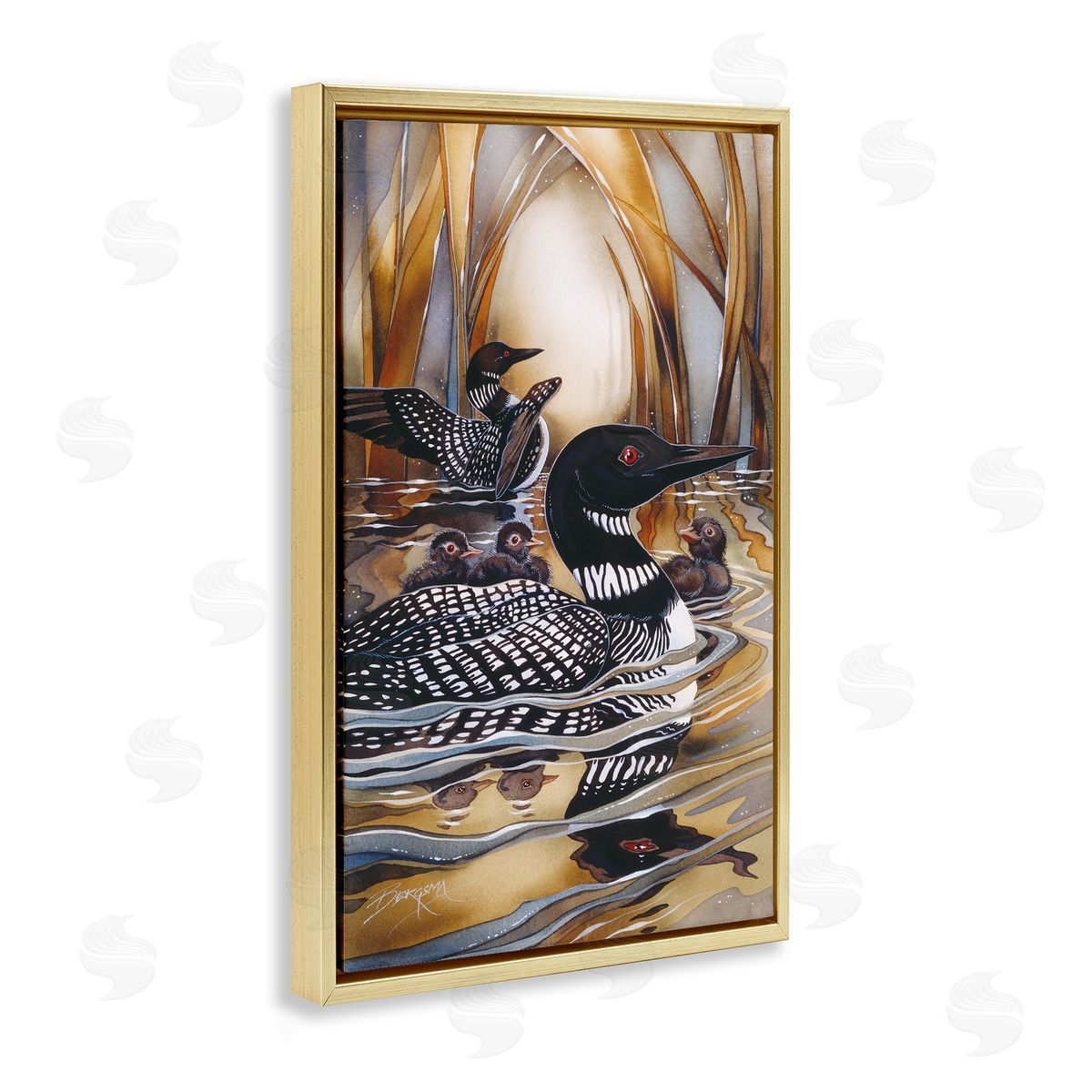 Loon Family Among Pond Ripples Gold Floating Frame Canvas Wall Art, Home Decor by Jody Bergsma