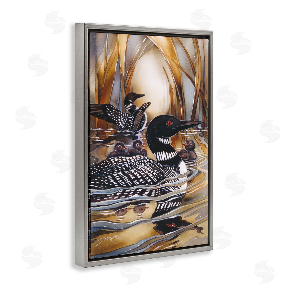 Loon Family Among Pond Ripples Grey Floating Frame Canvas Wall Art, Home Decor by Jody Bergsma