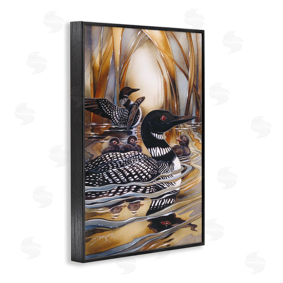 Loon Family Among Pond Ripples Black Frame Print Wall Art, Home Decor by Jody Bergsma