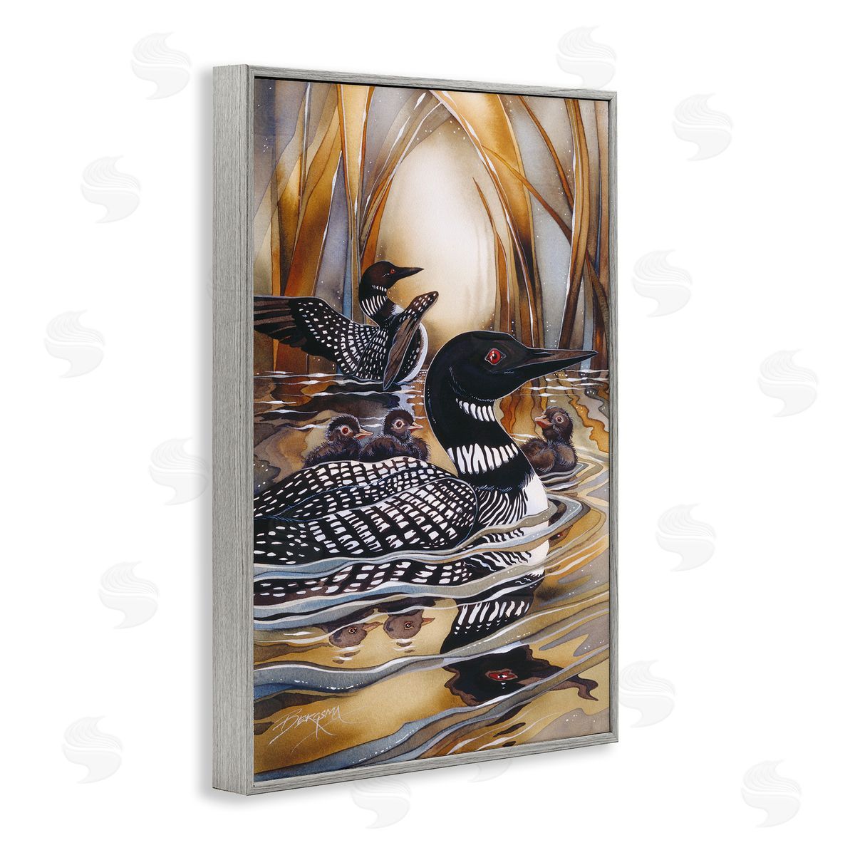 Loon Family Among Pond Ripples Grey Frame Print Wall Art, Home Decor by Jody Bergsma