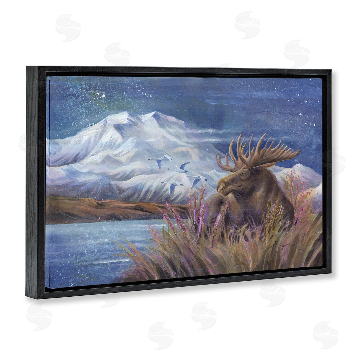 Moose & Snowy White Mountain Black Floating Frame Canvas Wall Art, Home Decor by Jody Bergsma