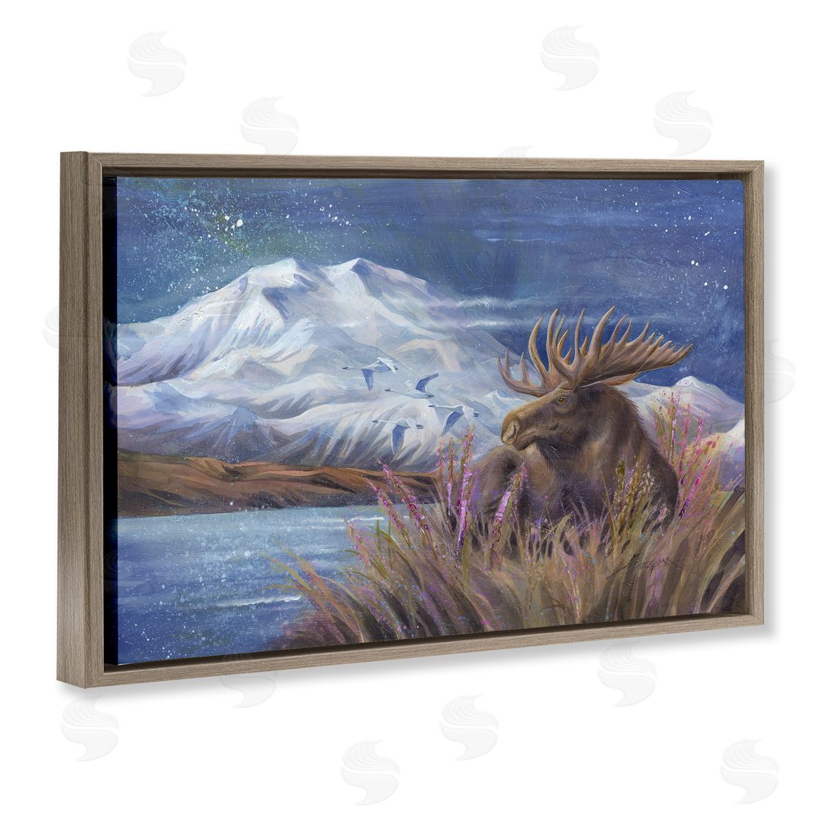 Moose & Snowy White Mountain Brown Floating Frame Canvas Wall Art, Home Decor by Jody Bergsma