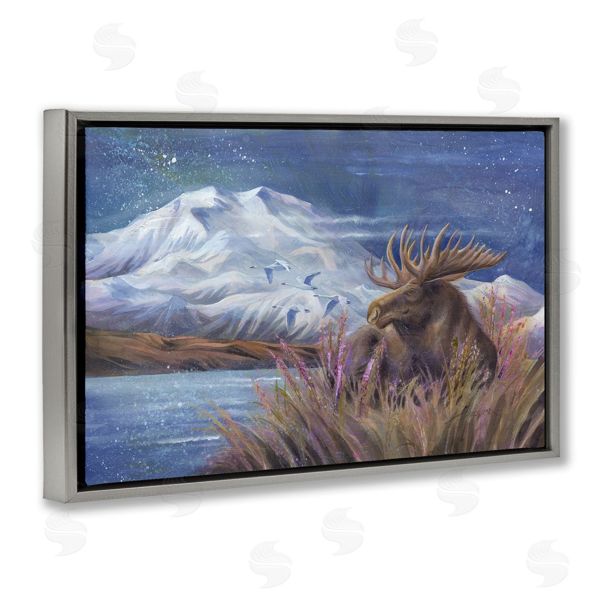 Moose & Snowy White Mountain Grey Floating Frame Canvas Wall Art, Home Decor by Jody Bergsma
