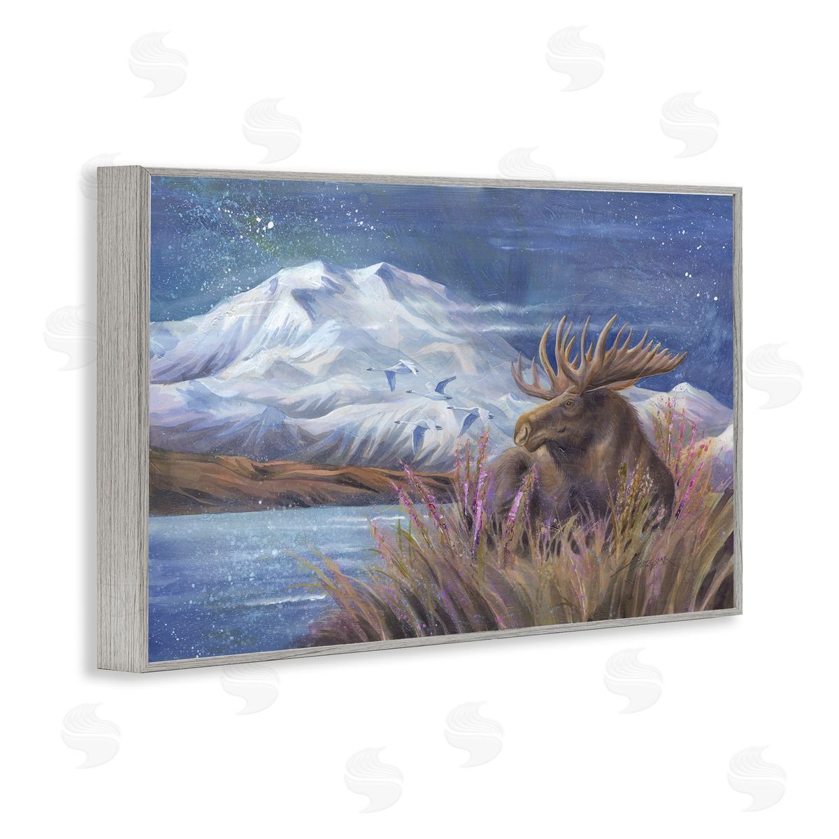 Moose & Snowy White Mountain Grey Frame Print Wall Art, Home Decor by Jody Bergsma