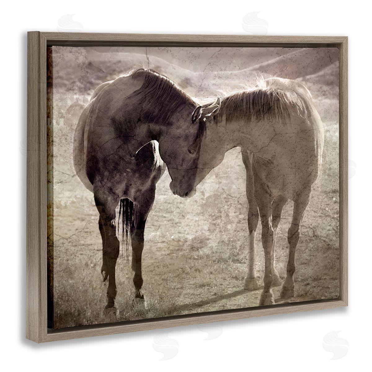 Muted Horse Pair Hugging Brown Floating Frame Canvas Wall Art, Home Decor by Steve Toole