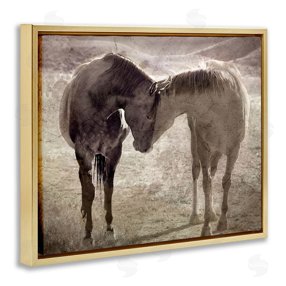 Muted Horse Pair Hugging Gold Floating Frame Canvas Wall Art, Home Decor by Steve Toole