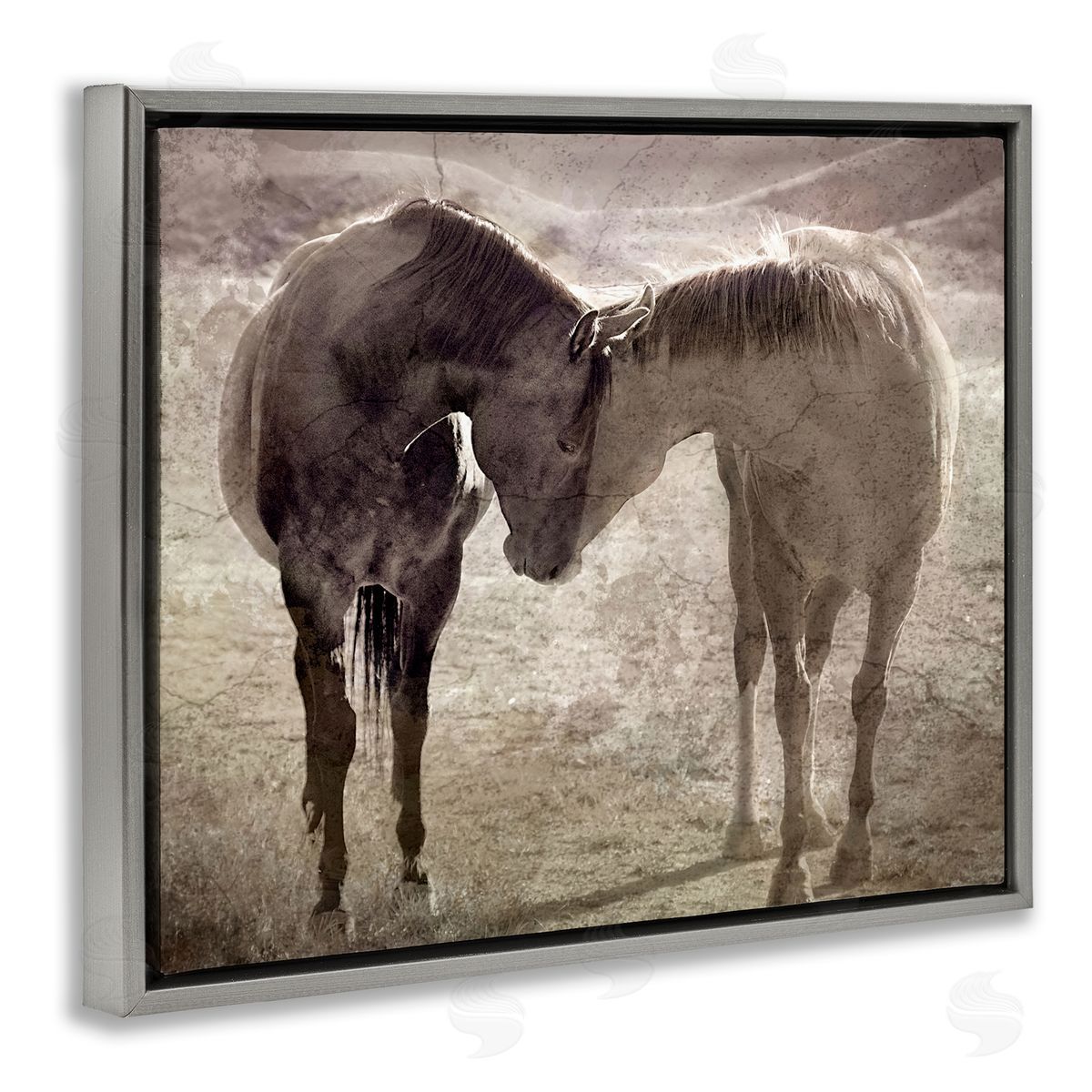Muted Horse Pair Hugging Grey Floating Frame Canvas Wall Art, Home Decor by Steve Toole