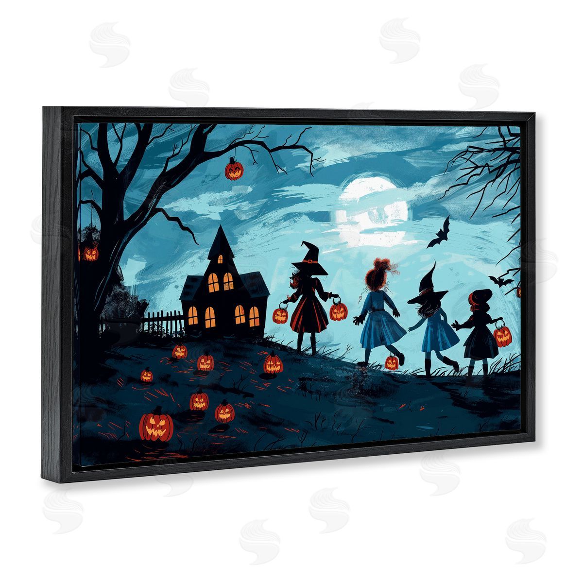 Witch Trick Or Treaters Black Floating Frame Canvas Wall Art, Home Decor by Wumples