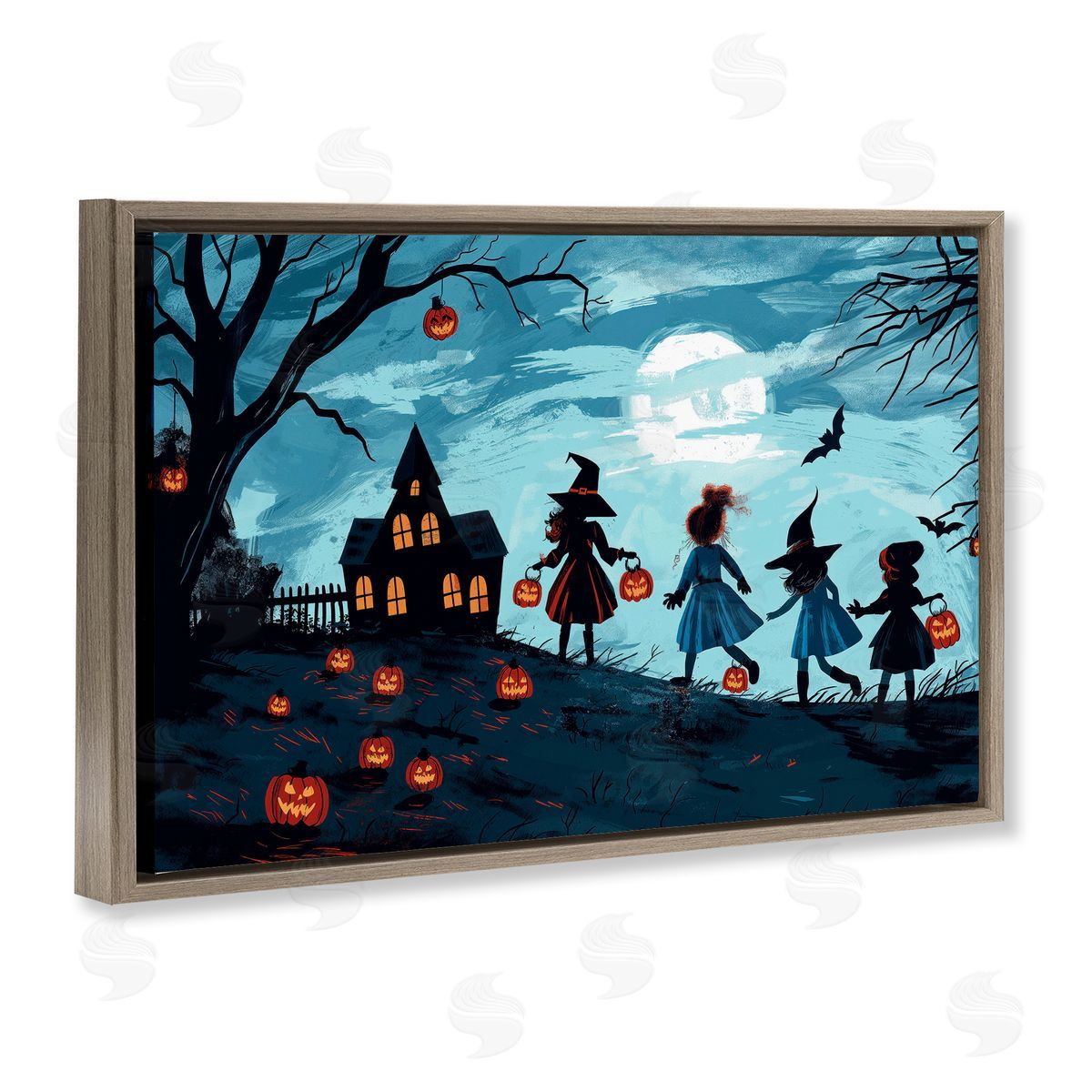 Witch Trick Or Treaters Brown Floating Frame Canvas Wall Art, Home Decor by Wumples