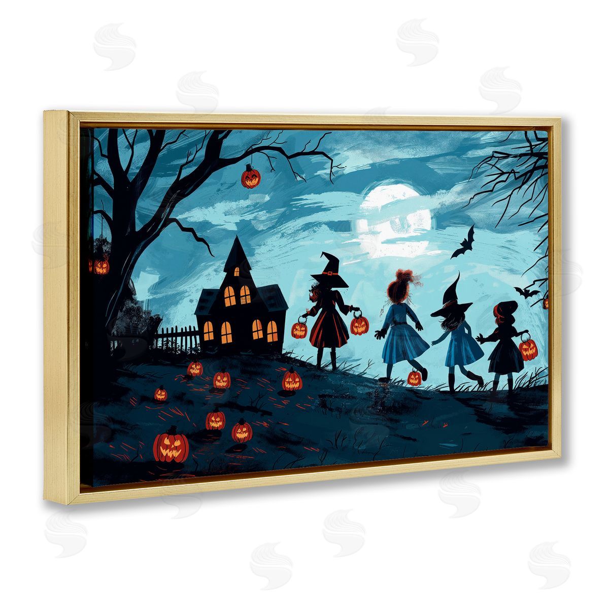 Witch Trick Or Treaters Gold Floating Frame Canvas Wall Art, Home Decor by Wumples