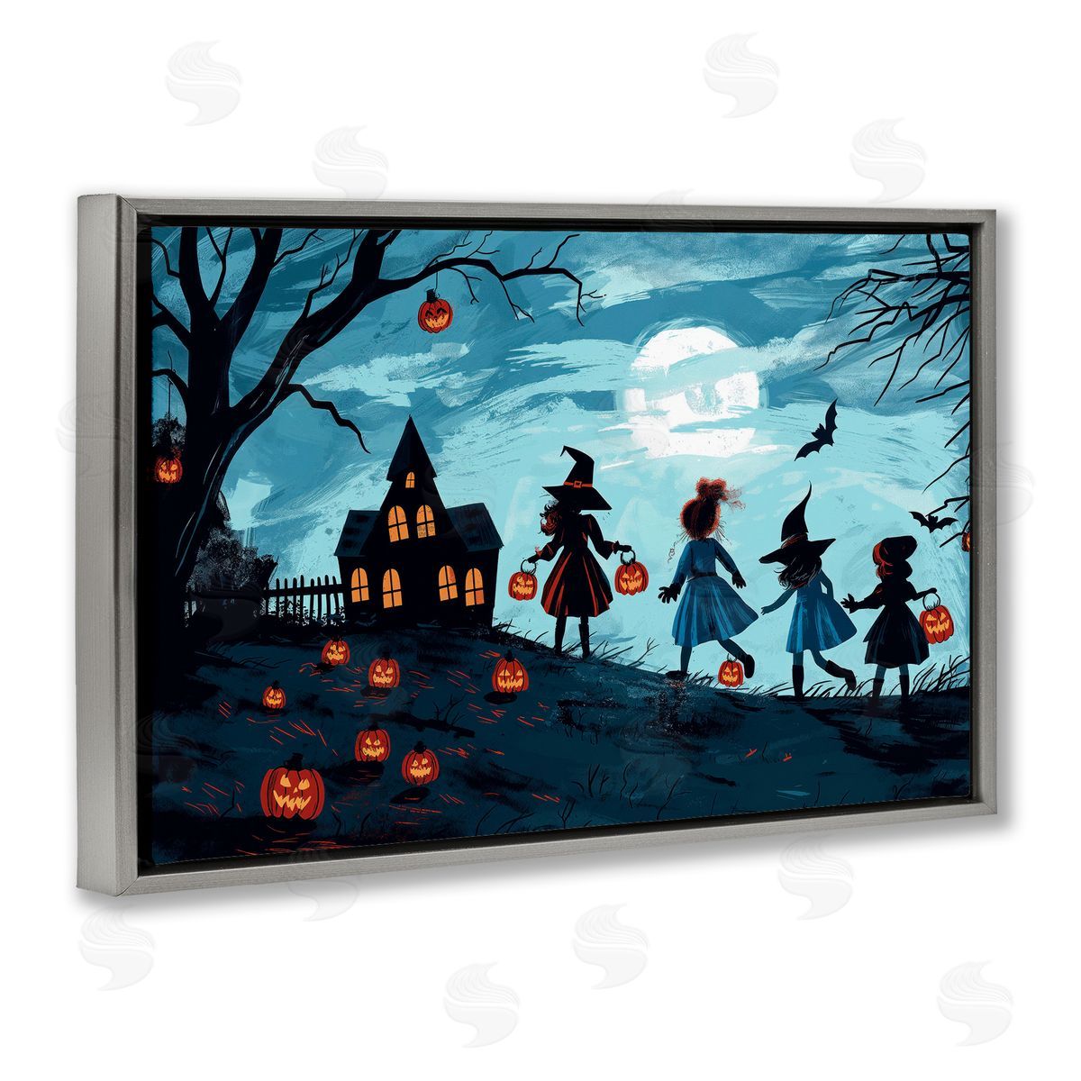 Witch Trick Or Treaters Grey Floating Frame Canvas Wall Art, Home Decor by Wumples