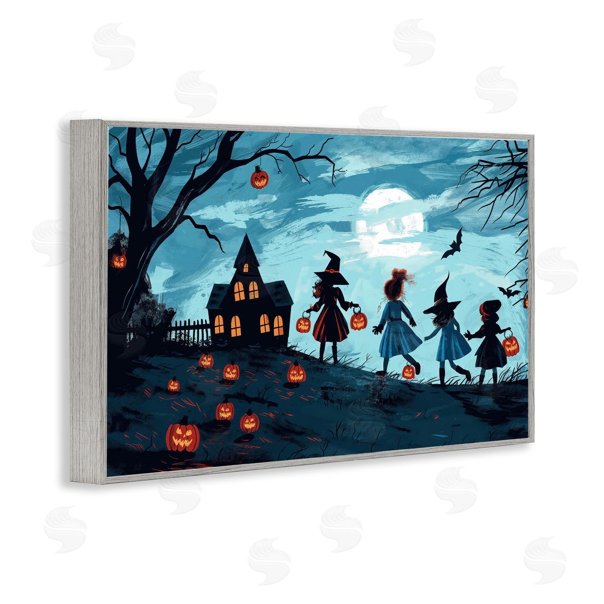 Witch Trick Or Treaters Grey Frame Print Wall Art, Home Decor by Wumples