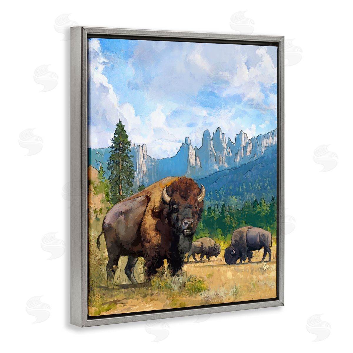 Grazing Bison Desert Abstraction Grey Floating Frame Canvas Wall Art, Home Decor by David Owens