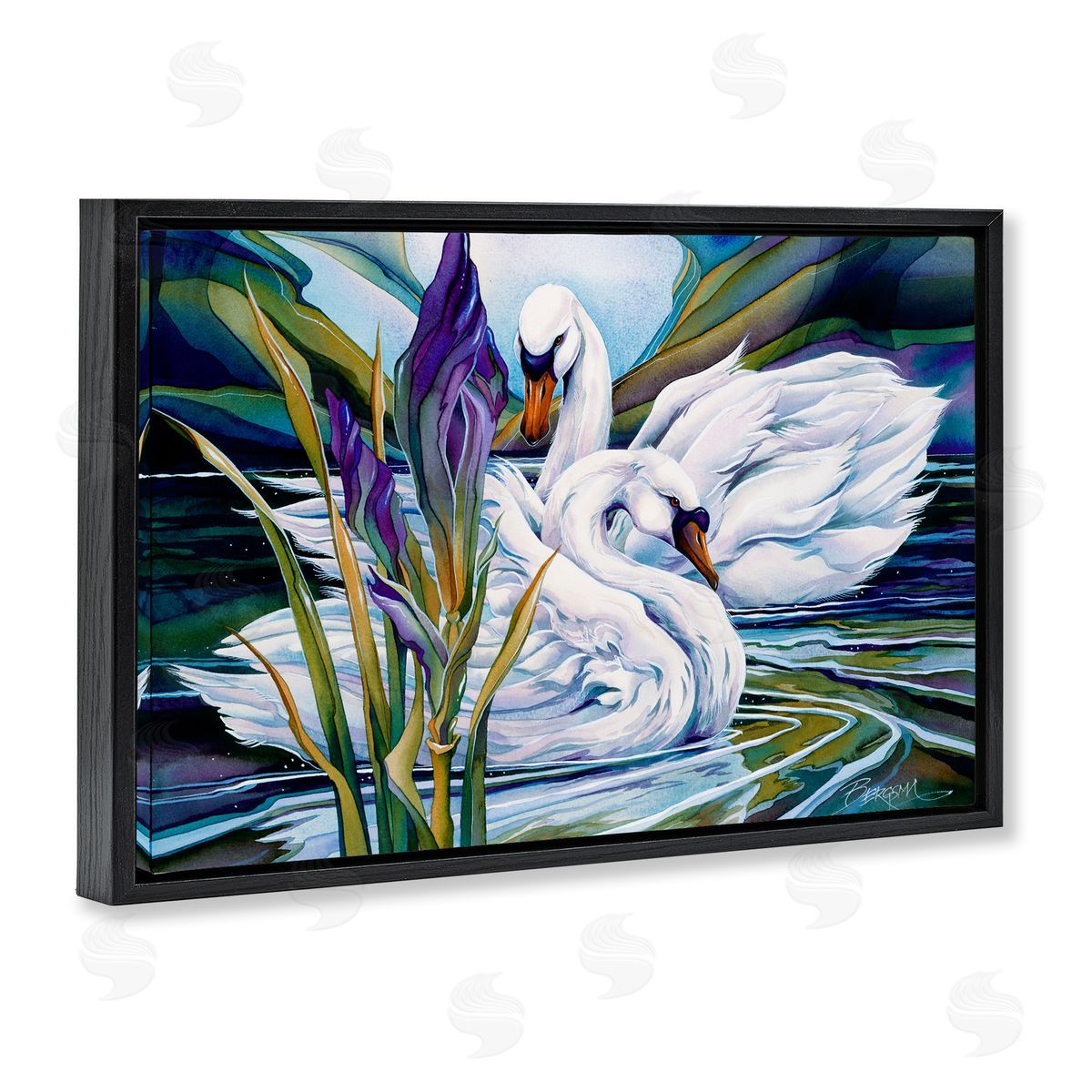 Swans with Abstract Pond Ripples Black Floating Frame Canvas Wall Art, Home Decor by Jody Bergsma