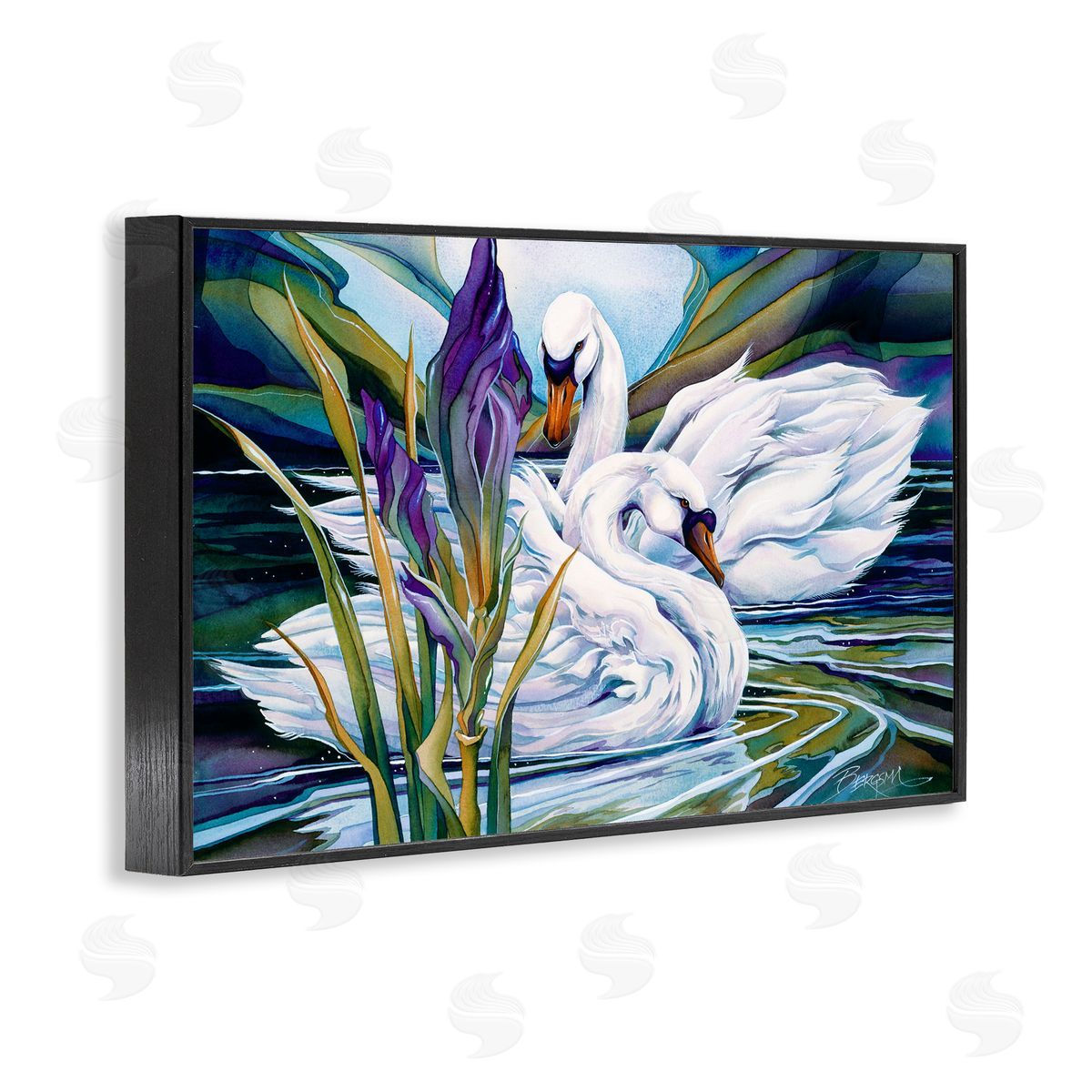 Swans with Abstract Pond Ripples Black Frame Print Wall Art, Home Decor by Jody Bergsma