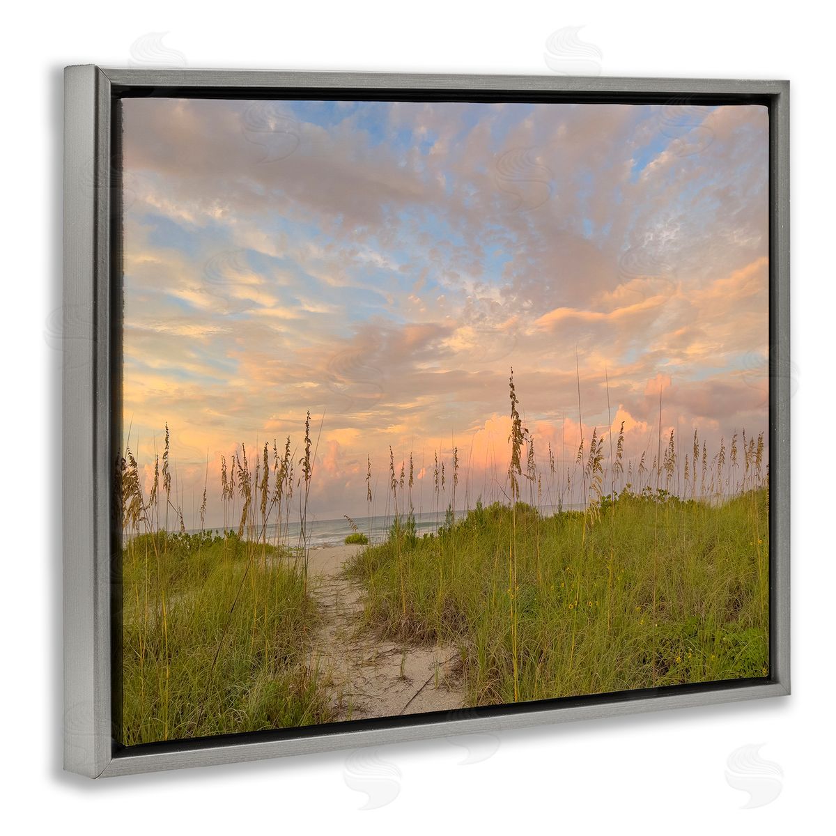 Serene Coastal Path Grasses Grey Floating Frame Canvas Wall Art, Home Decor by Mary Lou Johnson
