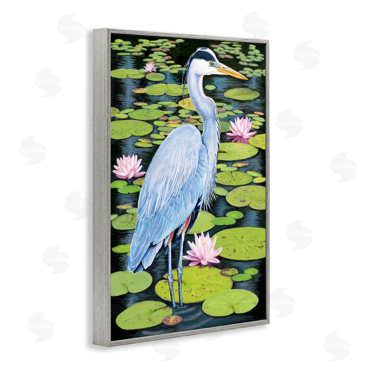 Heron Among Pond Lilies Grey Frame Print Wall Art, Home Decor by Rosiland Solomon