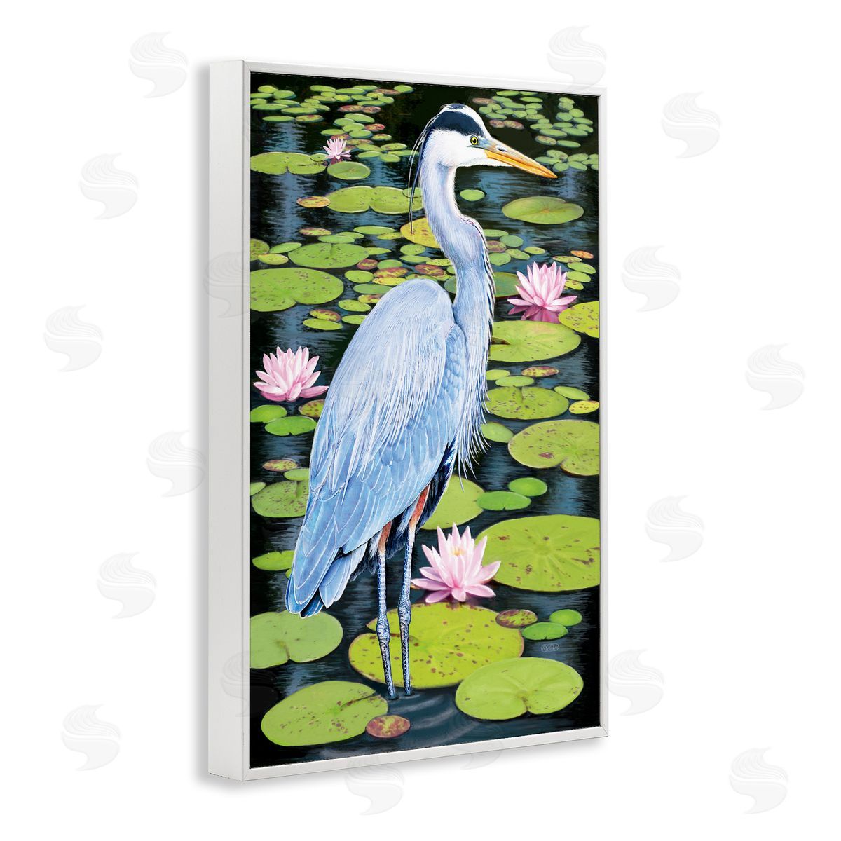Heron Among Pond Lilies White Frame Print Wall Art, Home Decor by Rosiland Solomon