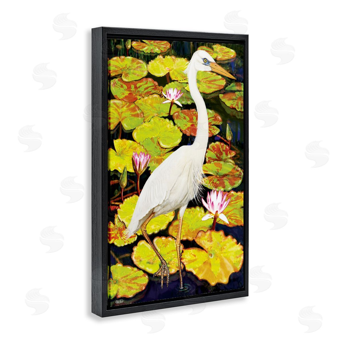 Stepping Bird on Lily Pads Black Floating Frame Canvas Wall Art, Home Decor by Rosiland Solomon