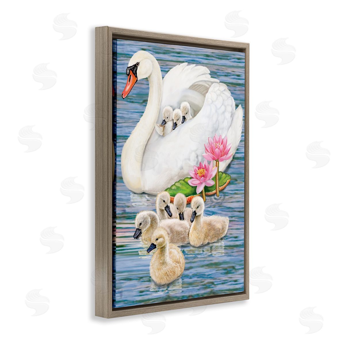 Swan Family & Lotus Flowers Brown Floating Frame Canvas Wall Art, Home Decor by Rosiland Solomon