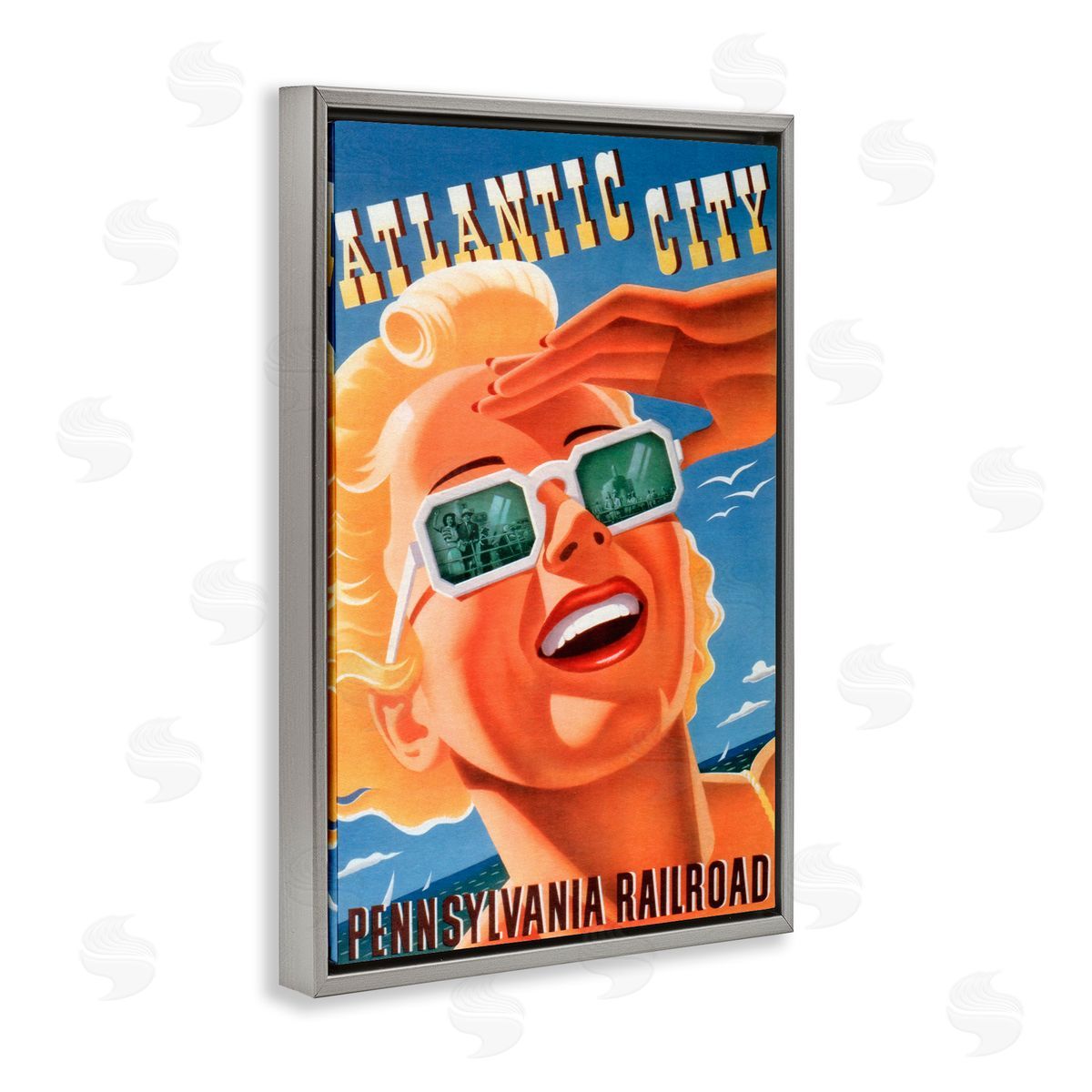 Atlantic City Vintage Woman Grey Floating Frame Canvas Wall Art, Home Decor by Marcus Jules