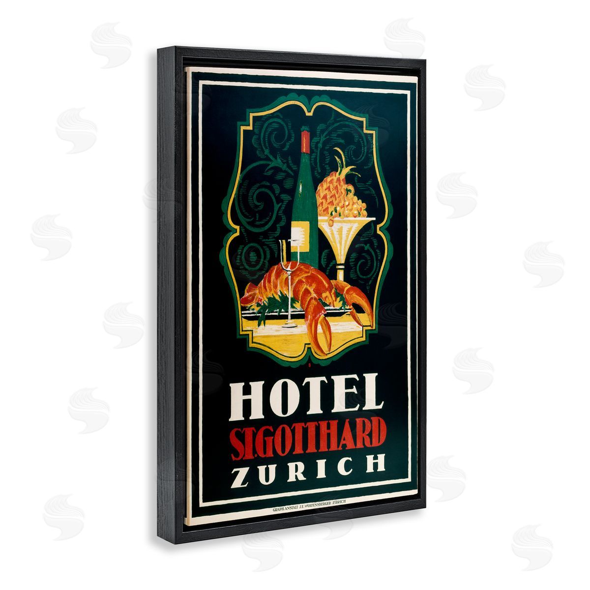 Vintage Hotel Zurich with Lobster Black Floating Frame Canvas Wall Art, Home Decor by Marcus Jules