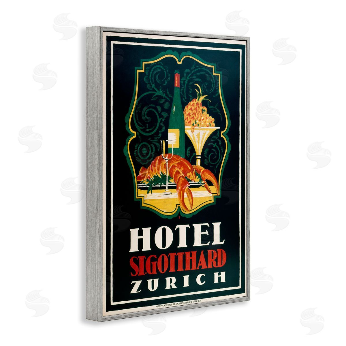 Vintage Hotel Zurich with Lobster Grey Frame Print Wall Art, Home Decor by Marcus Jules