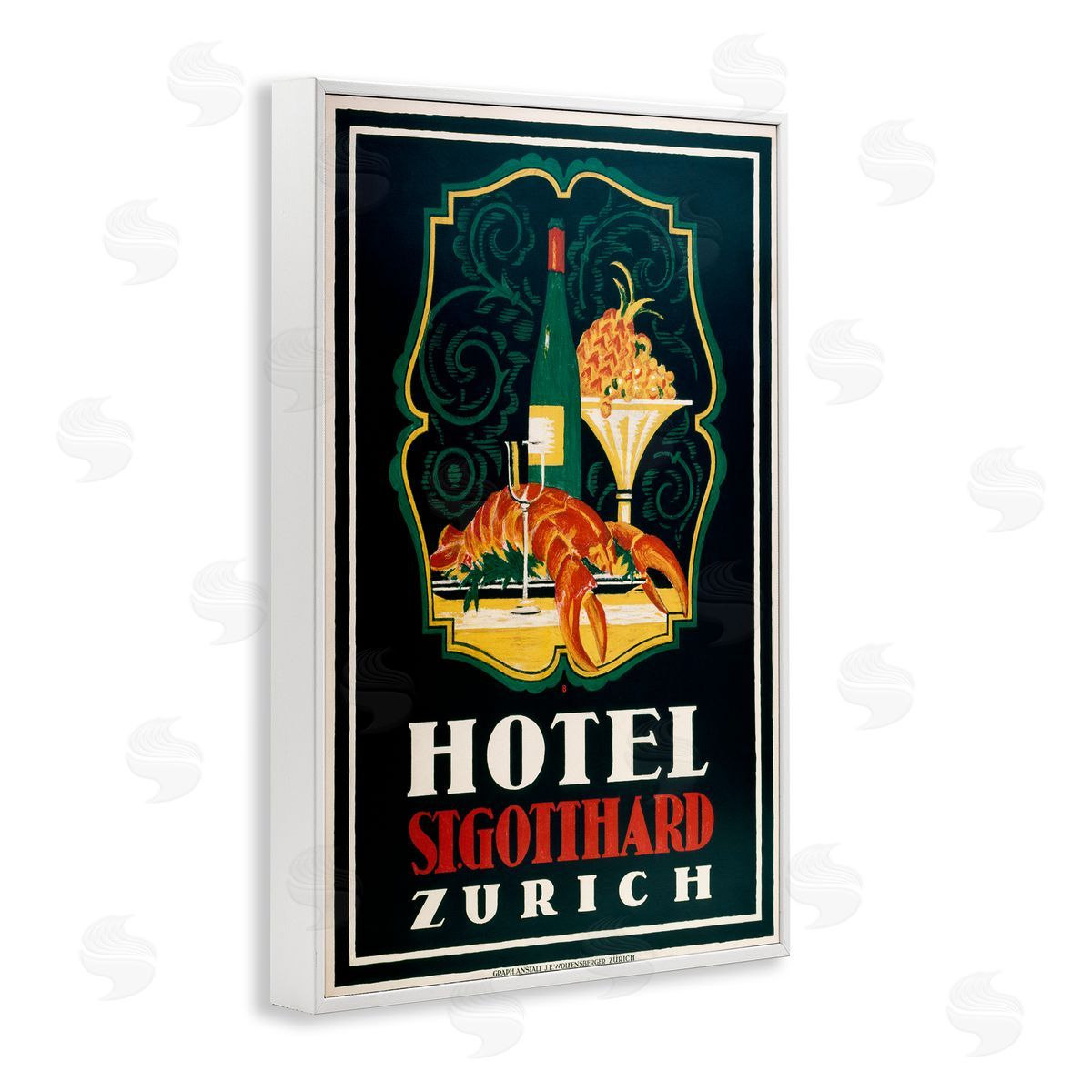 Vintage Hotel Zurich with Lobster White Frame Print Wall Art, Home Decor by Marcus Jules