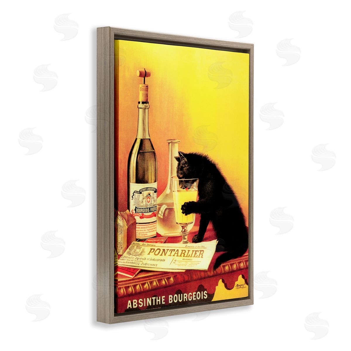 Vintage Cat & Absinthe Brown Floating Frame Canvas Wall Art, Home Decor by Marcus Jules