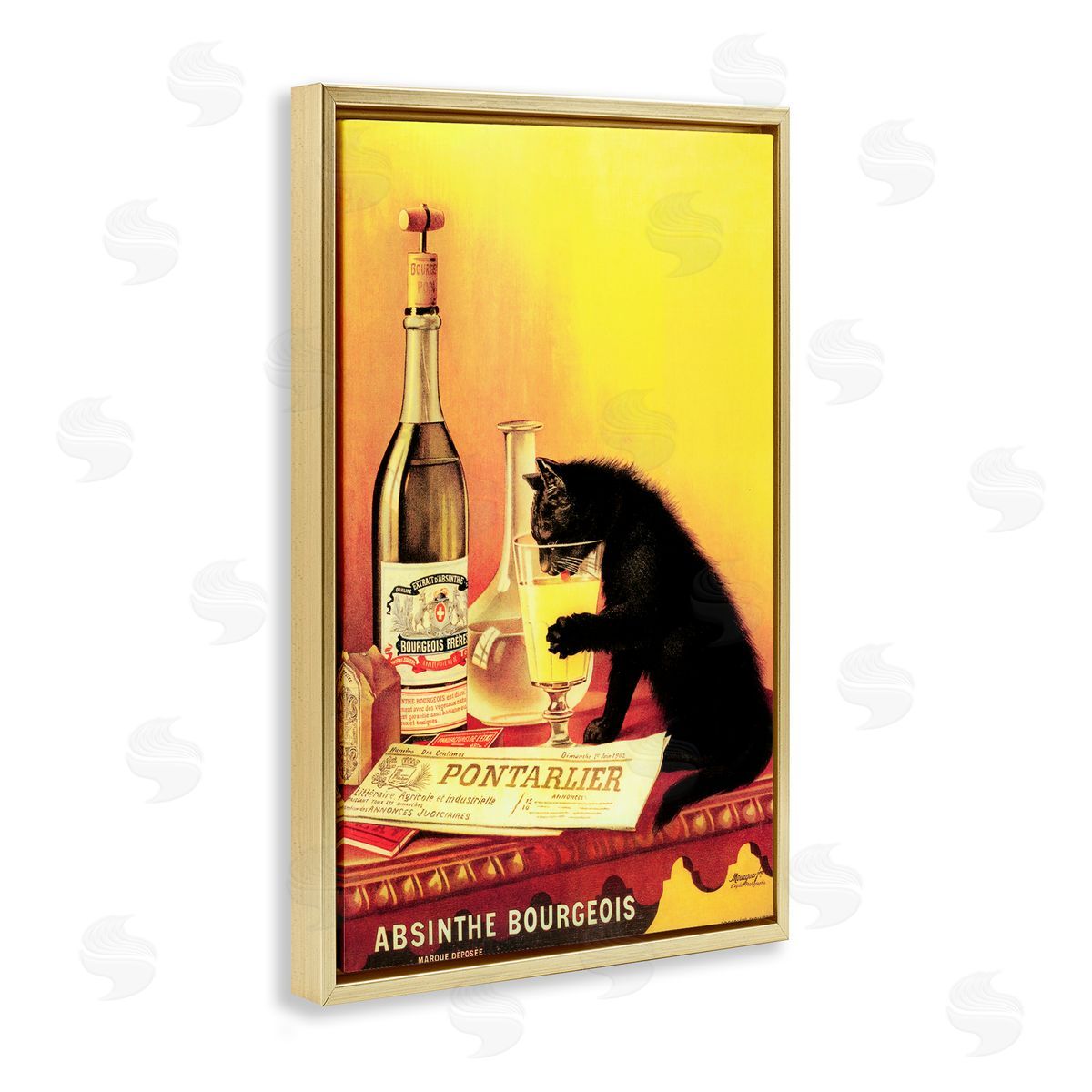 Vintage Cat & Absinthe Gold Floating Frame Canvas Wall Art, Home Decor by Marcus Jules