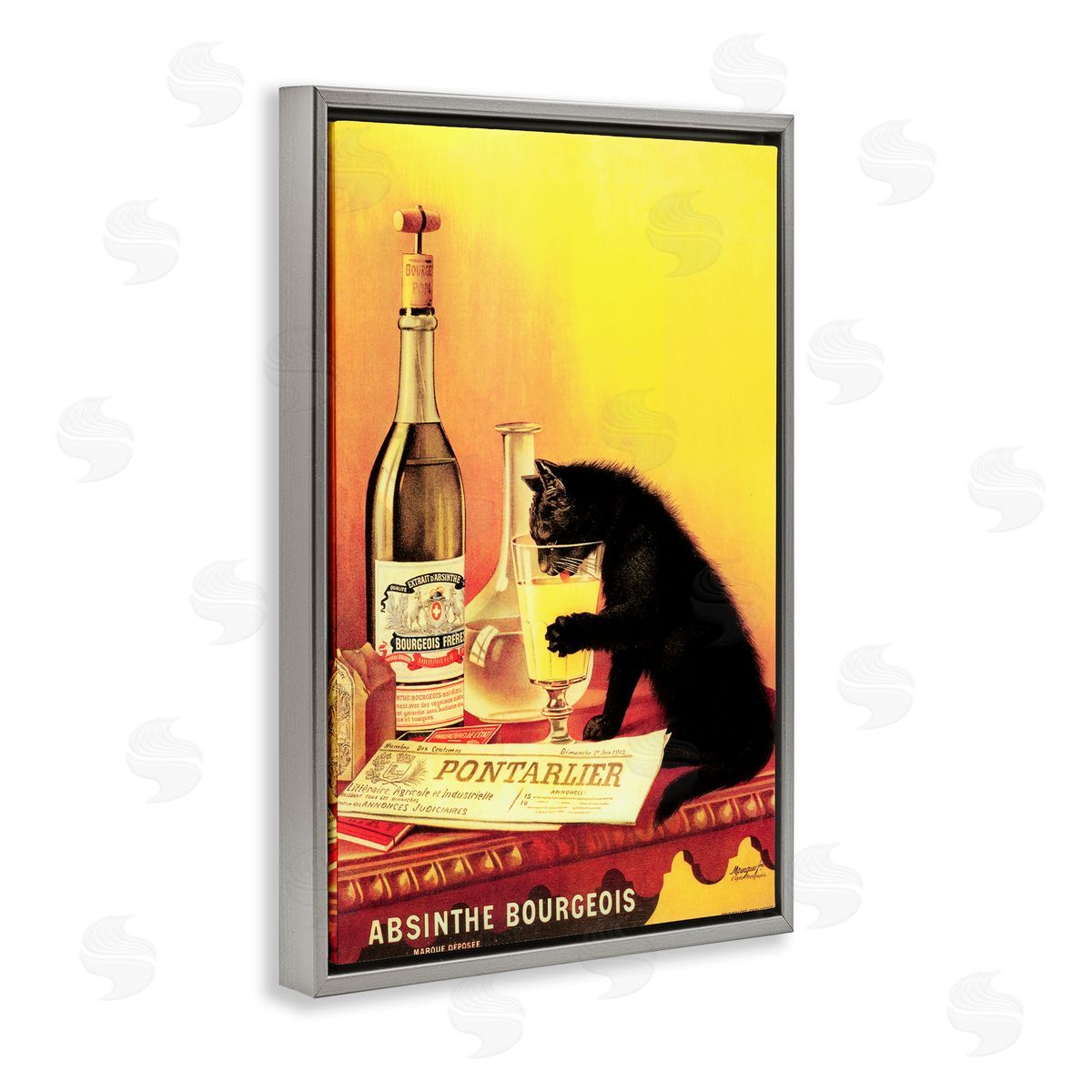 Vintage Cat & Absinthe Grey Floating Frame Canvas Wall Art, Home Decor by Marcus Jules