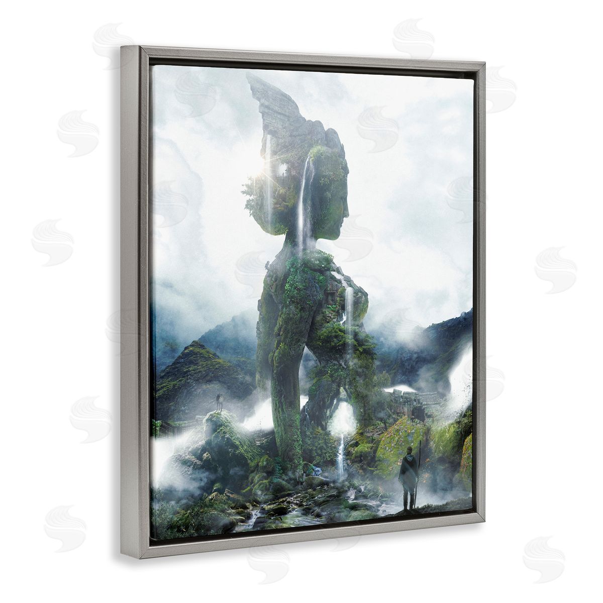 Mossy Nature Statue of Woman Grey Floating Frame Canvas Wall Art, Home Decor by Barrett Biggers