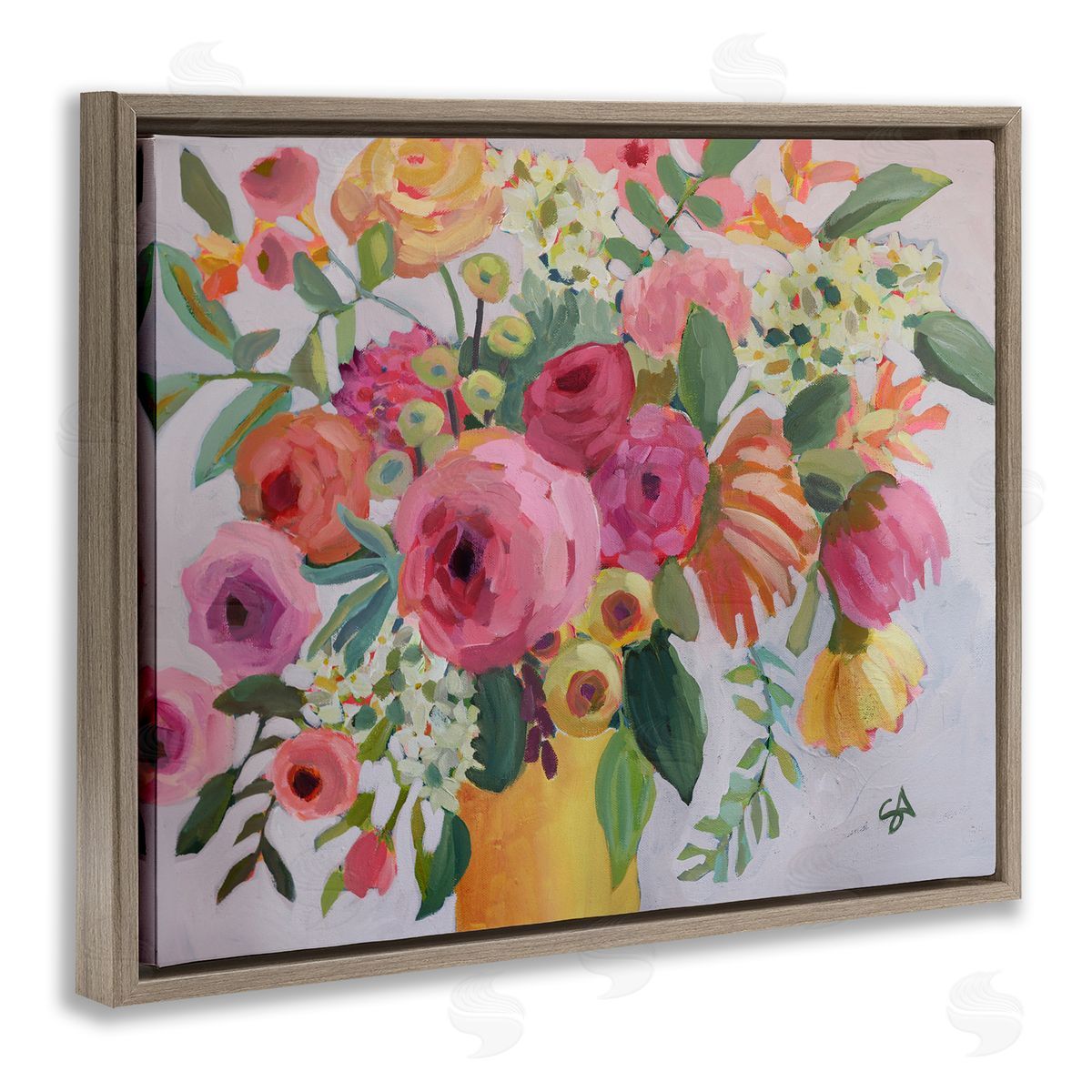 Assorted Flowers in Pink & Yellow Brown Floating Frame Canvas Wall Art, Home Decor by Suzanne Allard