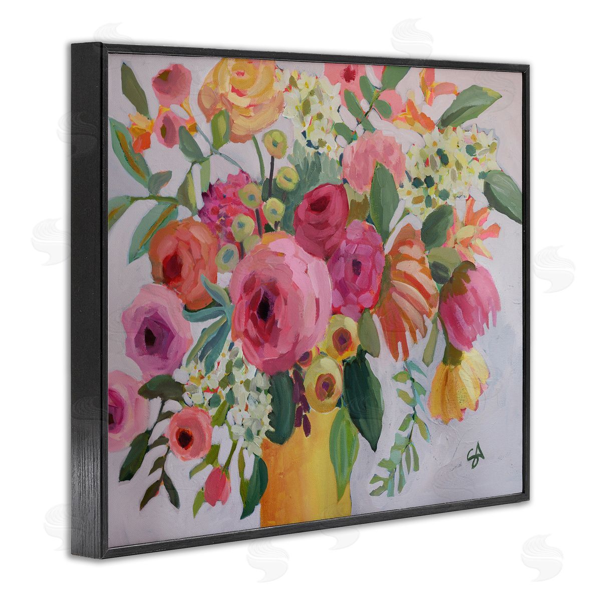 Assorted Flowers in Pink & Yellow Black Frame Print Wall Art, Home Decor by Suzanne Allard