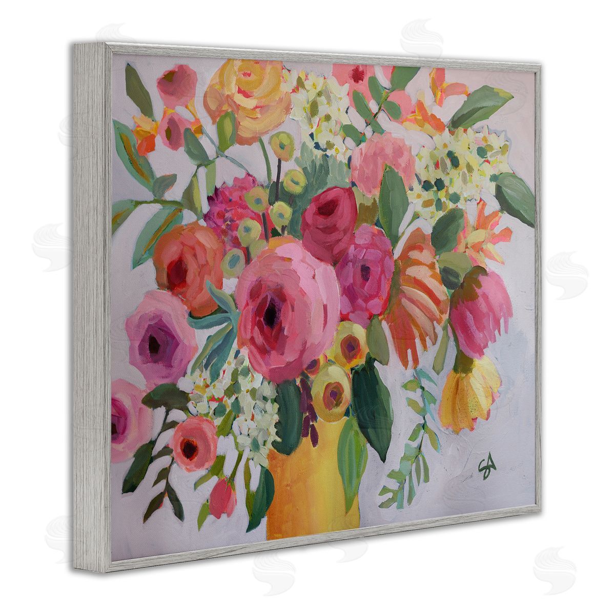 Assorted Flowers in Pink & Yellow Grey Frame Print Wall Art, Home Decor by Suzanne Allard