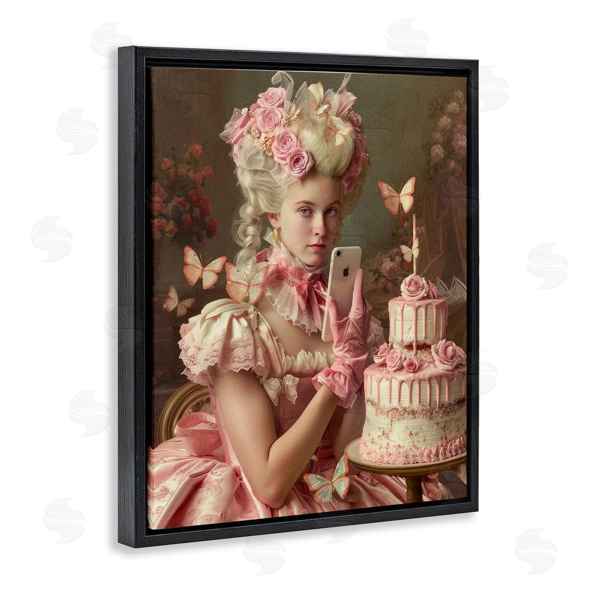 Vintage Lady with Cellphone Black Floating Frame Canvas Wall Art, Home Decor by Michael McKinney