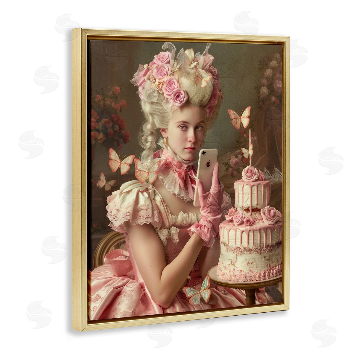 Vintage Lady with Cellphone Gold Floating Frame Canvas Wall Art, Home Decor by Michael McKinney