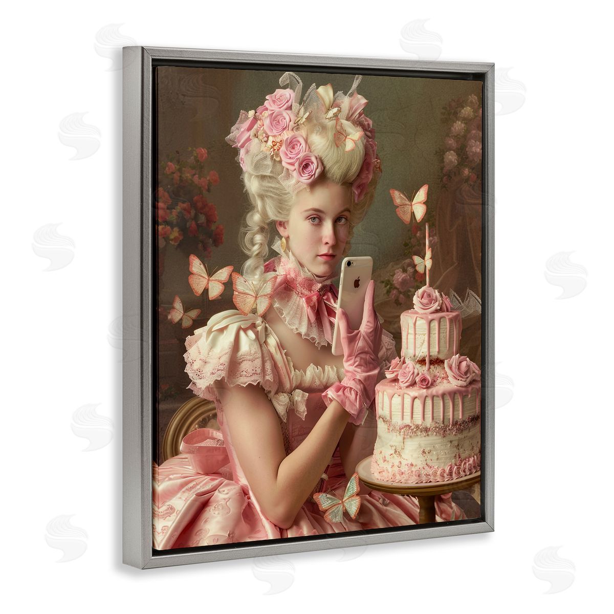 Vintage Lady with Cellphone Grey Floating Frame Canvas Wall Art, Home Decor by Michael McKinney