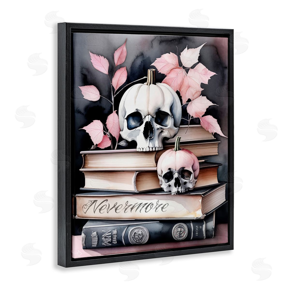 Spooky Skull Book Stack Black Floating Frame Canvas Wall Art, Home Decor by Tabz Jones