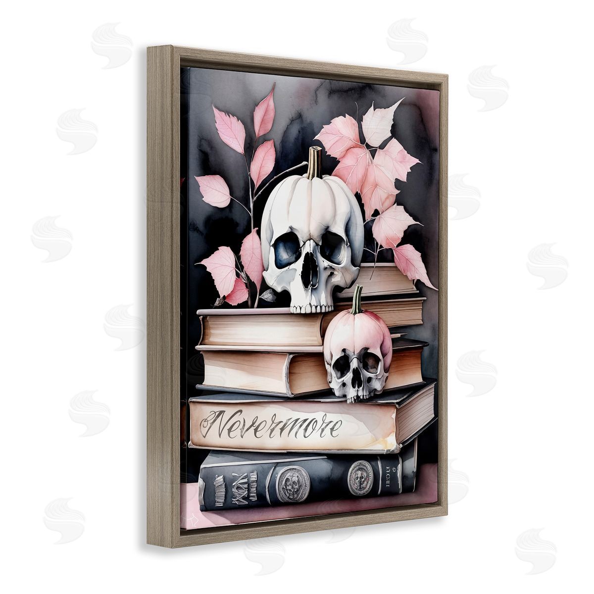Spooky Skull Book Stack Brown Floating Frame Canvas Wall Art, Home Decor by Tabz Jones