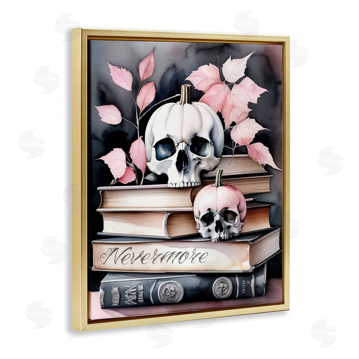 Spooky Skull Book Stack Gold Floating Frame Canvas Wall Art, Home Decor by Tabz Jones