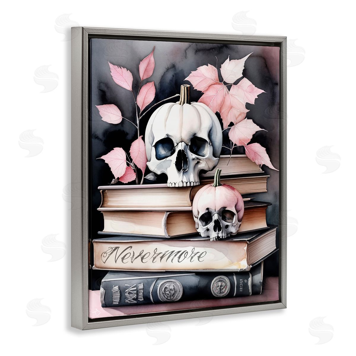Spooky Skull Book Stack Grey Floating Frame Canvas Wall Art, Home Decor by Tabz Jones