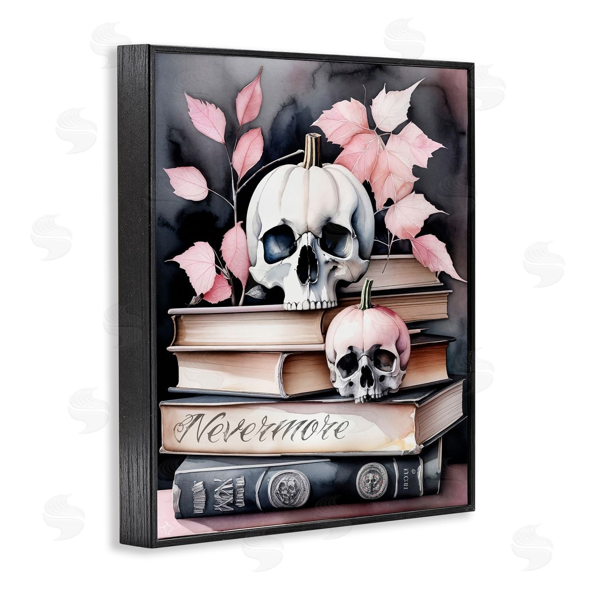 Spooky Skull Book Stack Black Frame Print Wall Art, Home Decor by Tabz Jones
