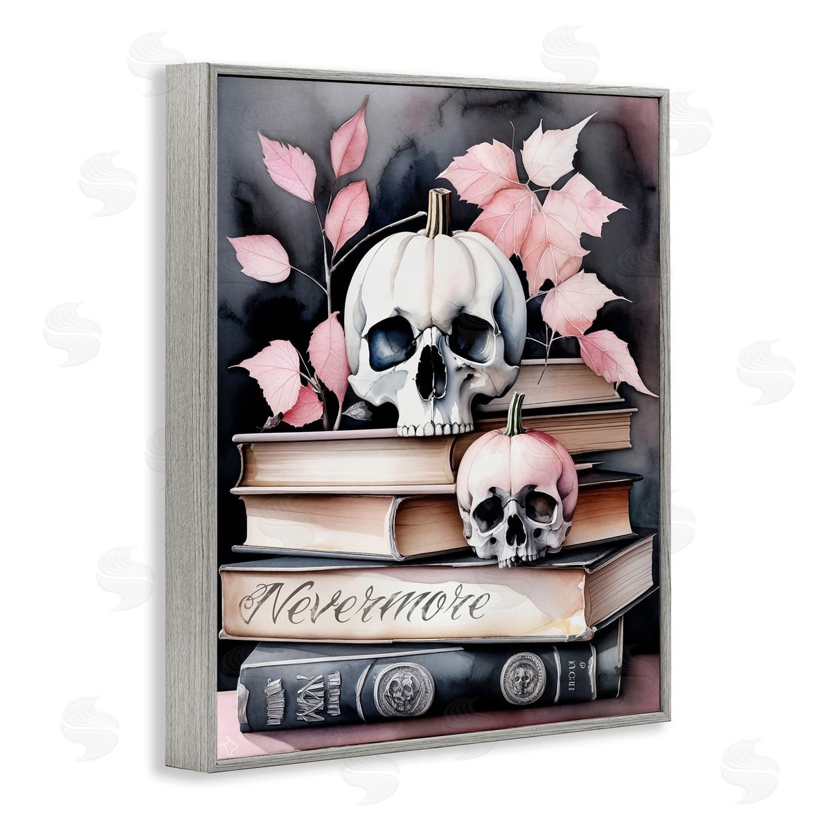 Spooky Skull Book Stack Grey Frame Print Wall Art, Home Decor by Tabz Jones