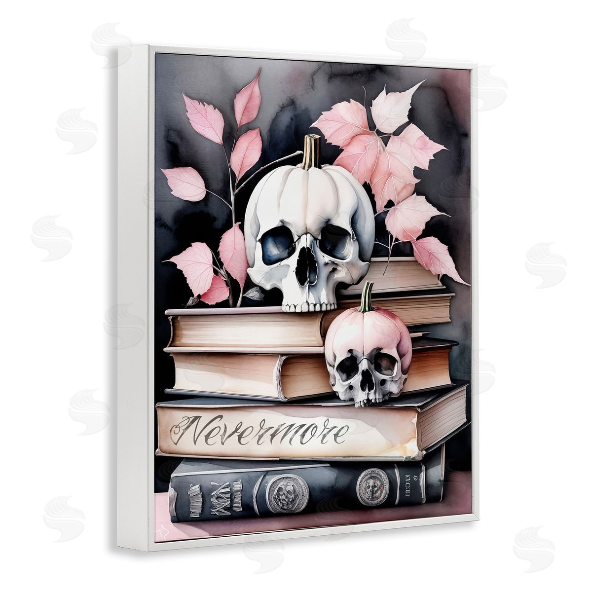 Spooky Skull Book Stack White Frame Print Wall Art, Home Decor by Tabz Jones