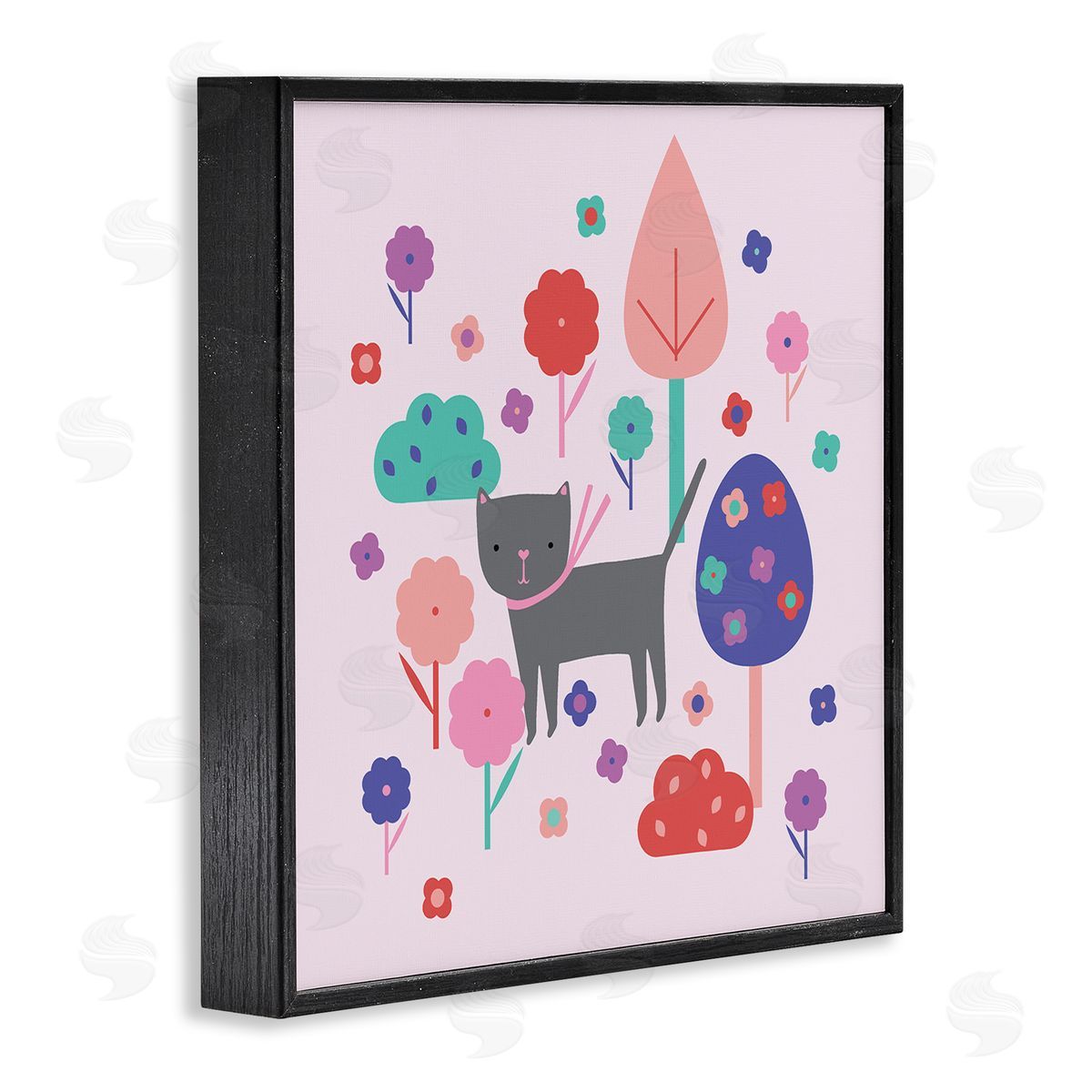 Pastel Whimsical Cat & Trees Black Frame Print Wall Art, Home Decor by Sazerelli Designs