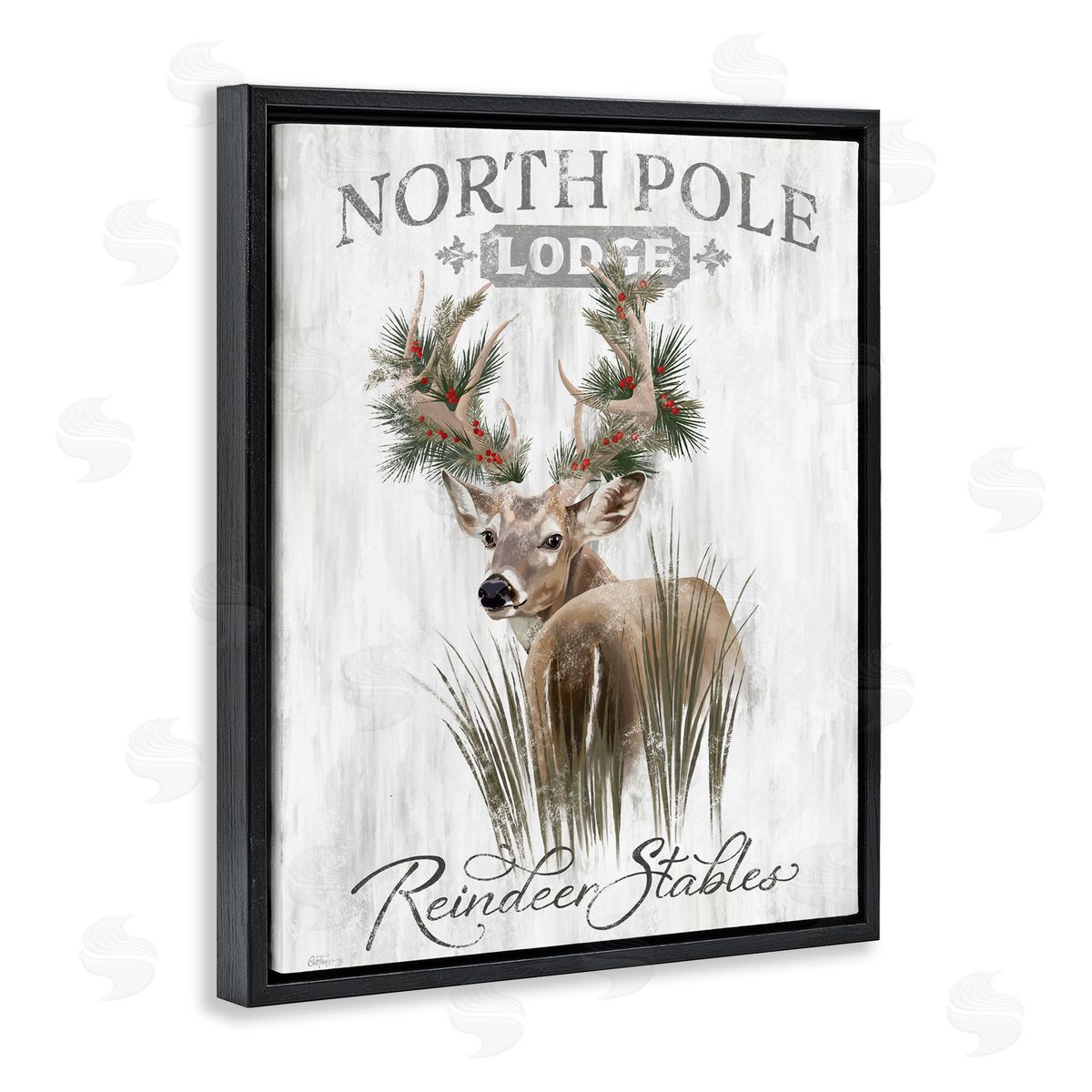 Festive Winter Reindeer Lodge Black Floating Frame Canvas Wall Art, Home Decor by Cat Thurman Designs