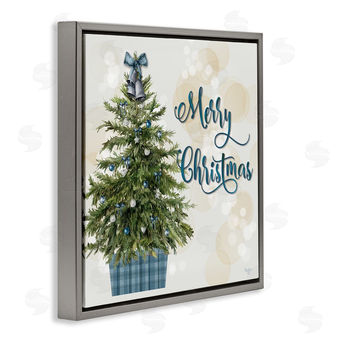Christmas Tree in Plaid Stand Grey Floating Frame Canvas Wall Art, Home Decor by Mollie B.